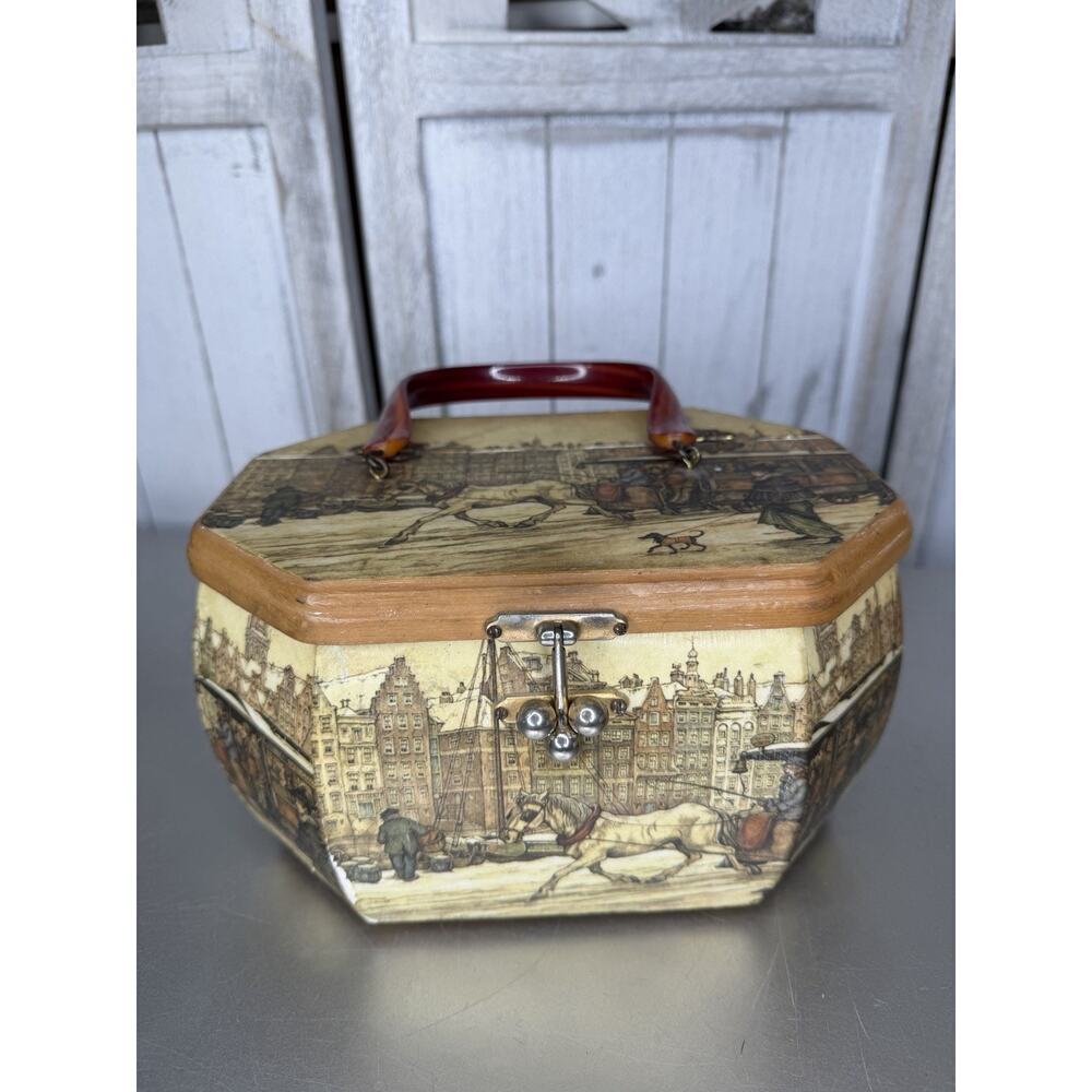 VTG Anton Pieck Decoupage Wooden Box Purse Octagonal Lucite Handle